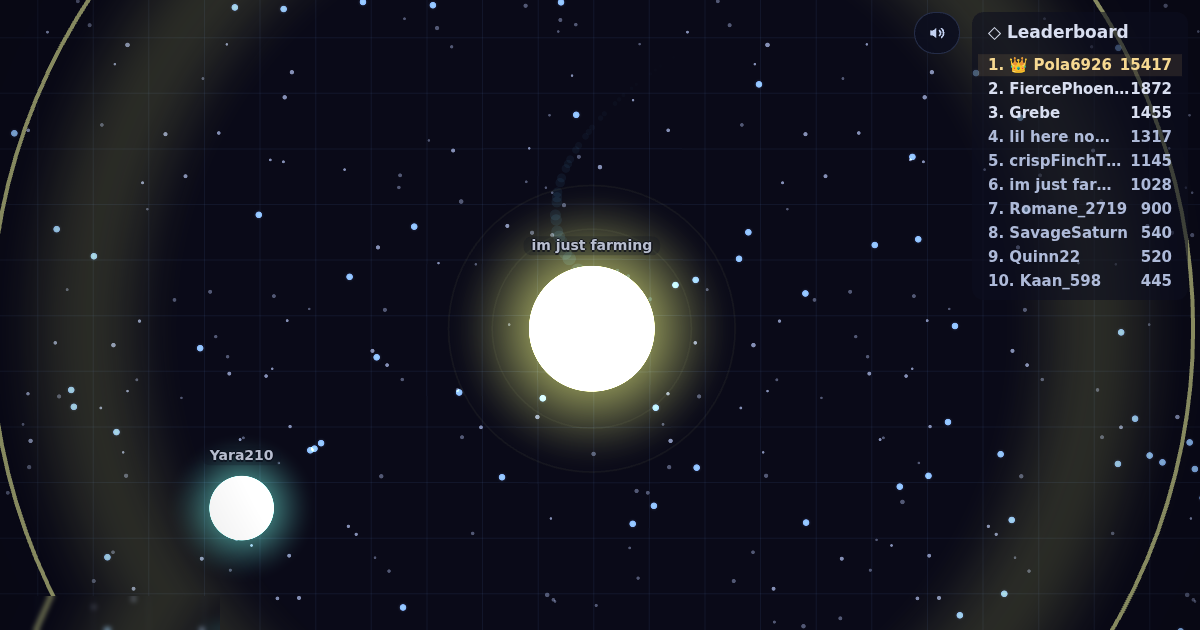 A huge glowing Star named im just farming beside a much smaller Star in the Darkmass.io arena, under a leaderboard whose crowned leader holds 15417 mass.
